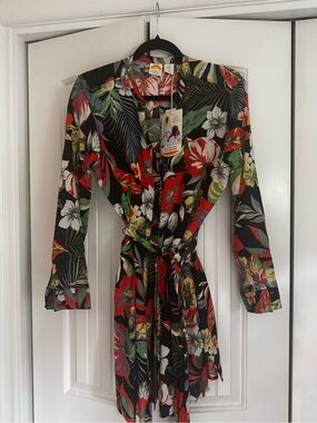 C&C California Black Floral Coverup with Red & Green Accents
